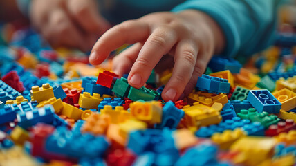 Photo of a child playing with colorful building blocks.