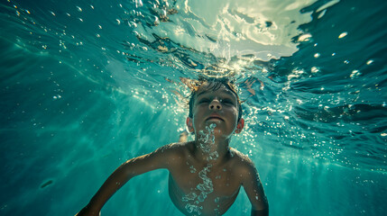 Imagen subacuática de niño aprendiendo a nadar en una piscina - obrazy, fototapety, plakaty