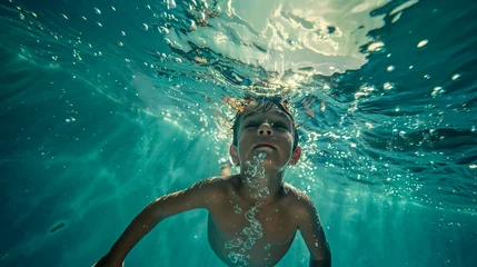 Poster Imagen subacuática de niño aprendiendo a nadar en una piscina © LuisMiguel