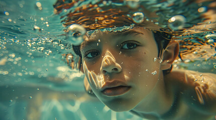 Retrato subacuático de un niño nadando en la piscina