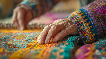 Elderly hands on a colorful knitted fabric