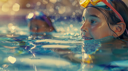 Niña parcialmente sumergida disfrutando en una piscina cubierta de natación. - obrazy, fototapety, plakaty
