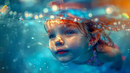 Poster Imagen subacuática de preciosa niña pelirroja sumergida aprendiendo a nadar © LuisMiguel