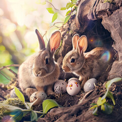 Rabbit family in an Easter burrow, cozy scene with painted eggs