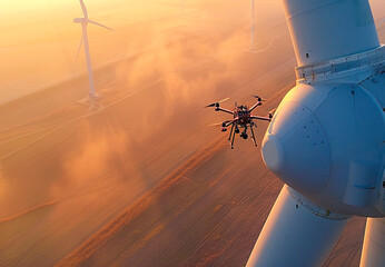 Imagen aérea de un dron en vuelo realizando una inspección a un aerogenerador. 