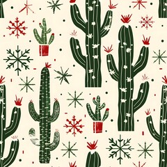 Cactus Christmas pattern, red green cacti and snowflakes on white background
