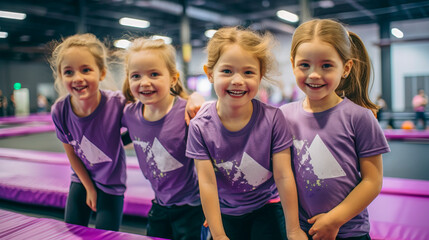 Cuatro niñas preparadas para divertirse en una fiesta en en un trampoline park 