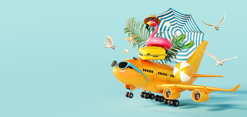 Cute orange airplane with luggage and beach accessories on blue background with copy space. Summer...