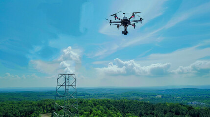 Dron participando en tareas de montaje de una torre de alta tensión - obrazy, fototapety, plakaty