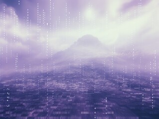 Lavender animation of glitched looping binary codes over fog-covered background pattern banner with copy space 
