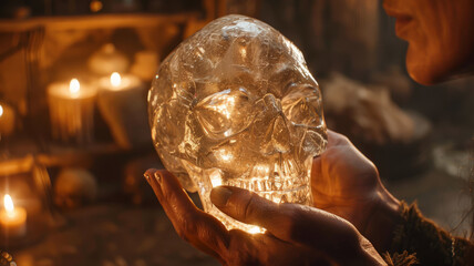 A person holding a crystal skull