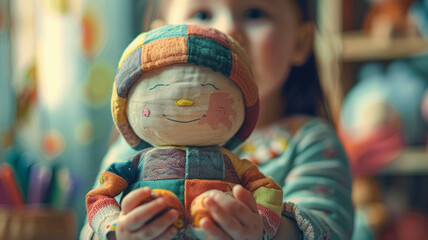 Young girl holding a colorful doll.