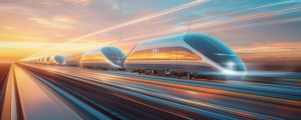 High-speed levitating trains in a futuristic landscape, dawn light, clean energy