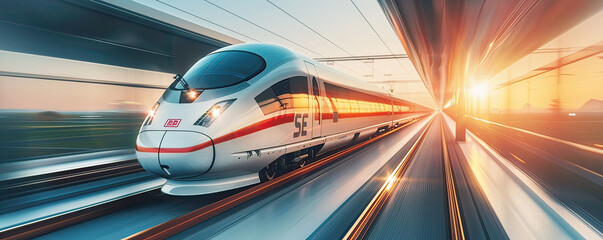 Obraz premium High-speed levitating trains in a futuristic landscape, dawn light, clean energy