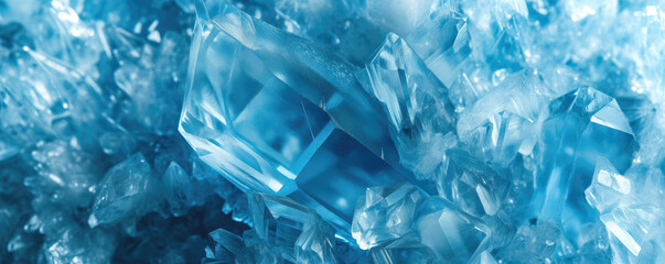 Blue crystals, closeup macro detail - abstract crystalline background. Generative AI