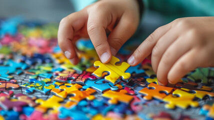 Hands assembling a colorful jigsaw puzzle.