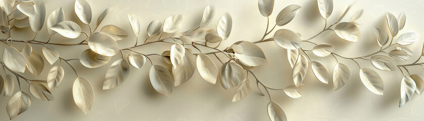 A neutral-toned botanical line drawing abstract leaves and stems elegantly suspended in a serene