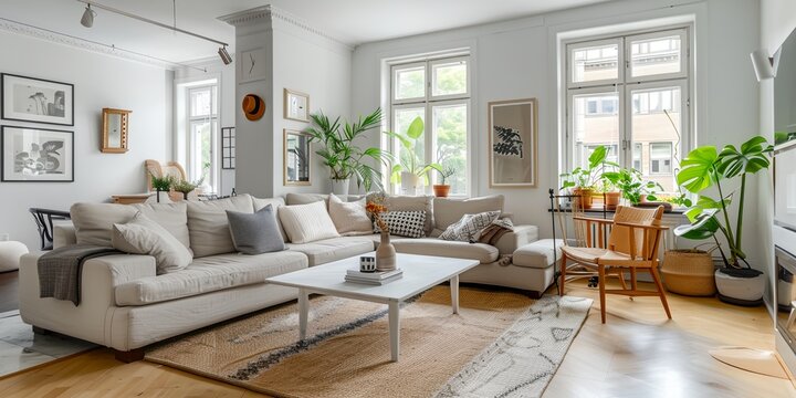 A large living room with a white couch, a coffee table, and a few potted plants