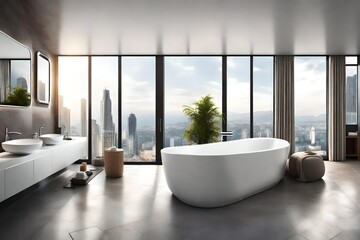 Modern hotel bathroom interior with bathtub and sink, panoramic window