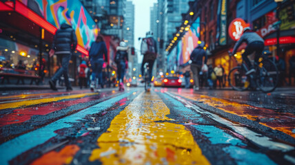 Street scene with colorful wet pavement - obrazy, fototapety, plakaty
