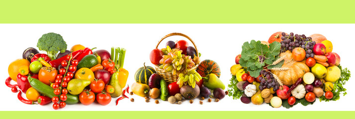 Healthy vegetables and fruit food isolated on white. There is free space for text. Collage. Wide photo.