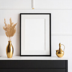 blank thin black frame on a cupboard, white wall, modern minimalist decor, gold decor elements