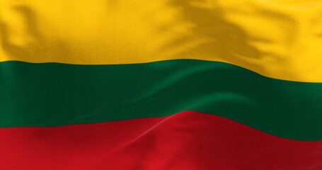 Close-up of National flag of Lithuania waving. Horizontal tricolor of yellow, green, and red stripes. 3D illustration render. Fluttering textile