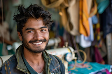 A man with a mustache is smiling and looking at the camera