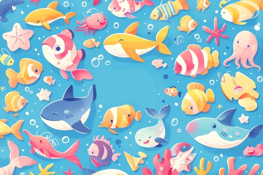 A blue background with a variety of fish and sea creatures