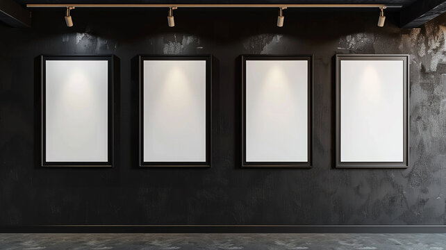 A quartet of portrait-oriented mockup frames against a matte black wall, each illuminated by an individual track light. The stark contrast between the frames and the deep black wall cre