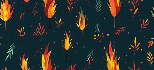 Camping fire pattern, bonfires and bows arrows on a dark blue background