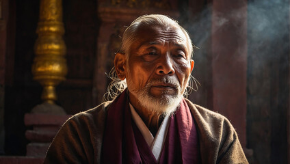 Tibetan monk meditates in the temple. - obrazy, fototapety, plakaty