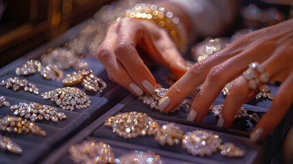 A woman's hands selecting jewelry from a display. - obrazy, fototapety, plakaty