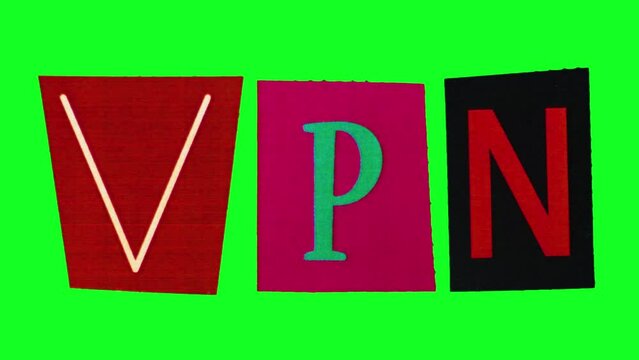 VPN word made in upper case letters printed on single colorful sheets of moving paper in loop animation. Creating logotype about Virtual Private Network using magazine cut alphabet signs on chroma key