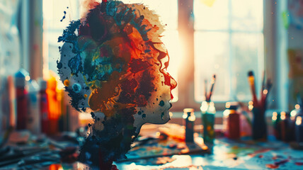 Silhouette of a head with colorful splashes - obrazy, fototapety, plakaty