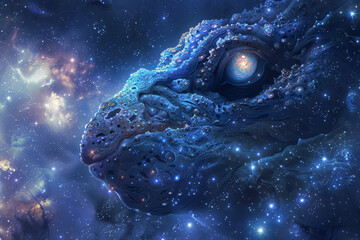 A blue dragon with a glowing eye is surrounded by a starry sky