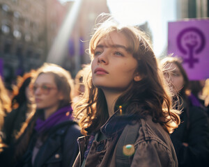 Portrait of a young empowered woman in the middle of a feminist demonstration in favor of women's rights, surrounded by other women carrying a banner with the feminist symbol. Equality concept
