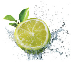 A refreshing drink with a sliced citrus fruit, likely lemon or lime, adds a splash of tart flavor to cool water