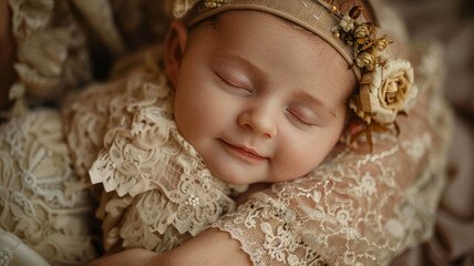 Sleeping baby with headband and lace. - obrazy, fototapety, plakaty