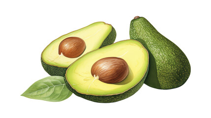 Ripe avocados nestled amongst green leaves and assorted nuts on a pristine white background