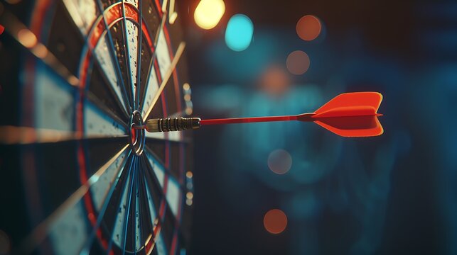 aims arrow at a virtual target dartboard, precision in setting objectives for business investments and hitting targets in business