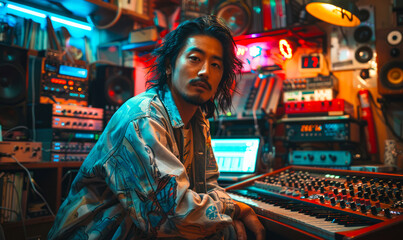 Obraz premium An intense portrait of an Asian rapper immersed in his music production, surrounded by studio equipment and a neon-lit ambiance, capturing the raw energy and passion of hip-hop artistry.