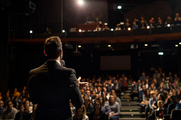 A man stands in front of a large audience, giving a speech