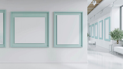 A serene white art gallery where empty blank mock-up posters are encased in frames of a soft, powder blue. The calming blue frames add a peaceful element to the gallery, with 