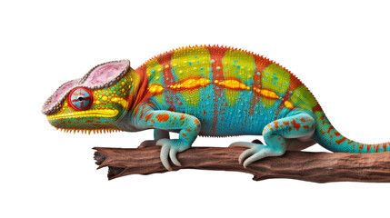 A colorful chameleon perches on a tree branch, blending in with its surroundings