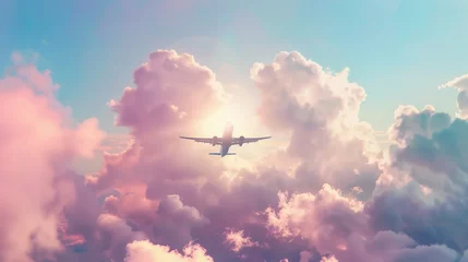 Foto op Plexiglas Panorama view of commercial airplane flying above dramatic clouds during sunse. A passenger plane is flying in heart-shaped clouds © olgakudryashova