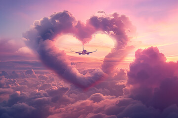Panorama view of commercial airplane flying above dramatic clouds during sunse. A passenger plane is flying in heart-shaped clouds - obrazy, fototapety, plakaty