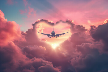 Panorama view of commercial airplane flying above dramatic clouds during sunse. A passenger plane is flying in heart-shaped clouds - obrazy, fototapety, plakaty