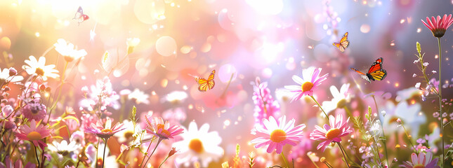 Beautiful spring meadow with daisies and butterflies