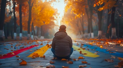 Lone figure sits on a colorful urban path, surrounded by the golden ambiance of fall foliage and soft morning light, inviting contemplation and a connection with the changing seasons. - obrazy, fototapety, plakaty